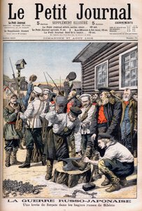 Sträflinge in Sibirien werden zum Kampf im Russisch-Japanischen Krieg eingezogen. Russisch-Japanischer Krieg. Ein Aufstand von Sträflingen in den russischen Straflagern von Sibirien. Illustration für Le petit Journal, 27. August 1905. von French School