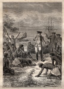 Empfang von Cook durch die Eingeborenen - Dritte Reise von James Cook - Cook wird von den Eingeborenen begrüßt - Dritte Reise von James Cook im Pazifischen Ozean - Illustration aus „Die großen Seefahrer des 18. Jahrhunderts“ von Jules Verne von French School