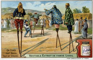 Korea: Frauensport des Stelzenlaufens - Chromo Liebig, um 1900