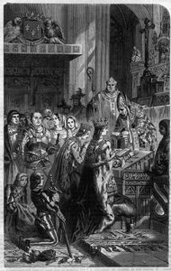 Krönung von Kaiser Otto I. (912-973) durch Papst Johannes XII. im Jahr 962 Gravur in „Histoire des Papes-King-Queen-and-Empereurs à travers les siècles“ von Maurice Lachatre von French School