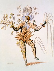 Kostümentwurf für die vier Elemente in einem höfischen Ballett des 17. Jahrhunderts, Faksimile von Guillaumot fils (handkolorierter Stich)