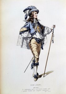 Kostüm für die Figur des Don Juan in Szene 2 des ersten Aktes des gleichnamigen Stücks von Molière. Gravur des 19. Jahrhunderts von French School
