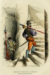 Kostüm des Leibwächters des Prévôt, gefolgt von einem Offizier der Wachen (1574 bis 1589). Farbgravur, in „Frankreich und die Franzosen durch die Jahrhunderte“ von Augustin Challamel, F. Roy Herausgeber, Paris 1882. Sammlung Selva.