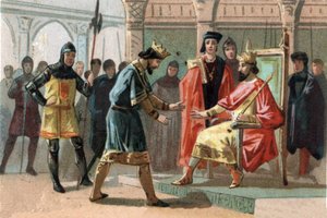 Graf Louis de Crecy, bedroht von den Einwohnern von Kortrijk, bittet König Karl den Schönen (1294-1328) um Hilfe. Chromolithographie um 1890.