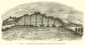 Querschnitt eines Hügels mit einem im Bau befindlichen Tunnel (Gravur) von French School