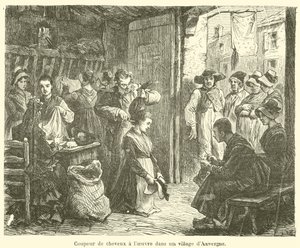 Haarschneider bei der Arbeit in einem Dorf in der Auvergne von French School