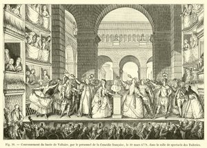 Krönung der Büste von Voltaire durch das Personal der Comédie-Française, am 30. März 1778, im Theatersaal der Tuilerien