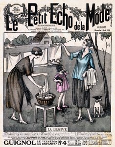 Titelblatt der Zeitung „Le petit echo de la mode“ - zwei Frauen mit einem Mädchen und einem Hund hängen Wäsche zum Trocknen auf, Nr. 32 vom 8. August von French School