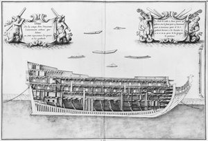 Querschnitt des vollständig fertiggestellten Inneren eines Schiffes, Illustration aus dem Atlas de Colbert, Tafel 37 von French School