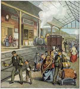 Menschenmenge am Kai eines Bahnhofs in England von French School