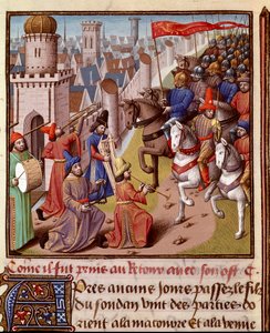 Kreuzzug: Rückkehr der französischen Armee aus dem Heiligen Land. Miniatur in „Le miroir historial“ (Speculum Historiale) (ms. 1196, fol. 372) von Vincent de Beauvais (1190-1264) ins Französische übersetzt von Jean de Vignay von French School