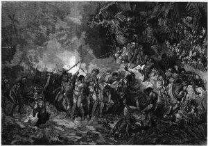 Brauch von Neukaledonien: Pilou Pilou (Pilou-pilou), traditioneller Kanak-Tanz. Gravur in „Le Monde Illustré“ Nr. 772 vom 27. Januar 1872 von French School