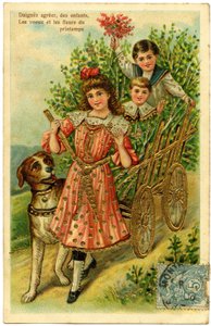 Nehmen Sie an, Kinder, Wünsche und Blumen des Frühlings: Kinder in einem Wagen, begleitet von einem Hund. Postkarte Anfang des 20. Jahrhunderts.