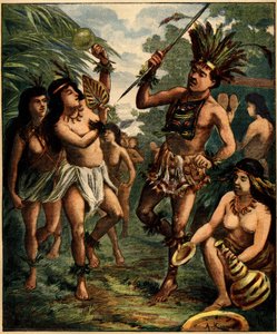 Tanz der Roucouyan-Indianer in der Karibik. Gravur in „La Terre Illustree“ Nr. 77 vom 21. April 1892.