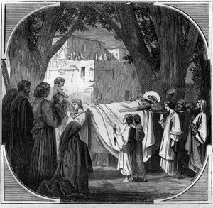Tod von Agathon dem Thaumaturgen, Papst von 678 bis 681. Gravur in „Histoire des Papes-Rois-Reines und Kaiser durch die Jahrhunderte“ von Maurice Lachatre von French School