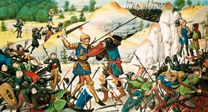 Tod des Ritters Roland, Neffe Karls des Großen, in der Schlacht von Roncesvaux (778) zwischen den Armeen Karls des Großen und den Sarazenen. Miniatur des 14. Jahrhunderts.