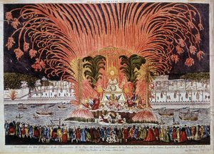 Dekoration von Feuerwerk und Beleuchtung des Place de Louis XV anlässlich des Friedens und der Einweihung der Reiterstatue des Königs am 22. Juni 1763