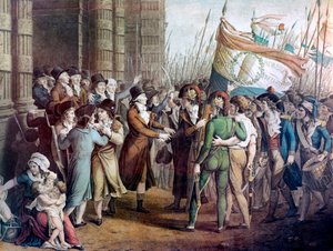 Abgeordnete des Nationalkonvents verlassen die Versammlung in den Tuilerien am 31. Mai 1793 - „Le 31 mai 1793“ - Paris, 31. Mai 1793: die bewaffneten Bürger vor den Girondisten, die die Konvention nach der Niederlage gegen die Montagnards verlassen von French School