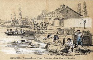 Beschreibung der Freizeitaktivitäten und Spiele von Kindern: Spiele im Freien im Sommer und Wasserspiele, Schwimmen, Planschen, Bogenschießen und Armbrust. Tafel „les jeux de l