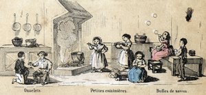 Beschreibung der Freizeit und Spiele von Kindern: Indoor-Spiele, Osselets, kleine Mädchen spielen Köche und Seifenblasen. Tafel „Die Spiele der Kindheit“ in „les Recreations instructives“ Synoptisches Gemälde von Jules Delbruck, Gravur von 1860. Private Sa von French School