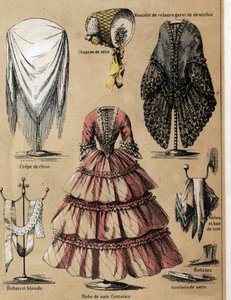 Beschreibung der Kultur und Seidenprodukte: Ein Kleid aus Krepp de Chine, ein Samtmantel mit Spitze, Seidenärmel und ein Fantasiekleid. (la soie)