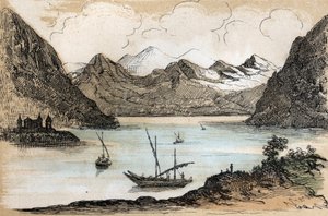 Beschreibung der verschiedenen Landschafts- und Reliefarten nach Geographie: Detail des Genfersees. Tafel „Physische Geographie“ in „Les Recreations instructives“. Synoptisches Gemälde von Jules Delbruck, Gravur von 1860.