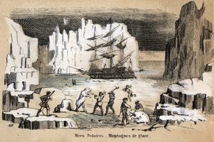 Beschreibung der verschiedenen Landschafts- und Reliefarten nach Geographie: Detail einer arktischen Landschaft mit Eisbären und Eisbergen. Tafel „Physische Geographie“ in „Les Recreations instructives“. Synoptisches Gemälde von Jules Delbruck, Gravur von  von French School