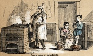 Beschreibung der fünf Sinne: Detail des Geschmacks, ein Koch kostet seine Sauce und Kinder knabbern an Früchten. Tafel „Die fünf Sinne“ in „les Recreations instructives“ Synoptisches Gemälde von Jules Delbruck, Gravur von 1860. Private Sammlung