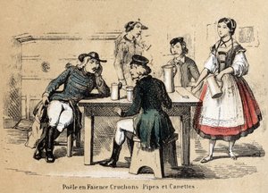 Beschreibung der verschiedenen Herstellungsschritte und Verwendungen von Ton: Tonprodukte (Irdenware-Ofen, Krüge, Pfeifen und Dosen). Tafel „Der Ton und seine Produkte“ in „Les Recreations instructives“. Synoptisches Gemälde von Jules Delbruck, Gravur von  von French School