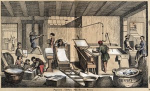Beschreibung der verschiedenen Produkte und Verwendungen von Papier: Aktivitäten in einer Papierwarenhandlung, Herstellung von Papier aus Lumpen, Zellstoff, Formen und Presse. Tafel „Das Papier und seine Produkte“ in „les Recreations instructives“ Synoptis von French School