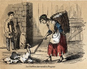Beschreibung der verschiedenen Produkte und Verwendungen von Papier: das Sammeln alter Lumpen, aus denen das Papier hergestellt wird. Tafel „Das Papier und seine Produkte“ in „Les Recreations instructives“. Synoptisches Gemälde von Jules Delbruck, Gravur v von French School