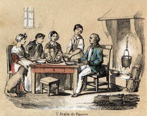 Beschreibung der verschiedenen Herstellungsstufen und Verwendungen von Ton: die Verwendung von Ton in armen Haushalten, eine Familie versammelt am Tisch, die von minderwertigen Tonplatten isst. Tafel „Der Ton und seine Produkte“ in „les Recreations instruc