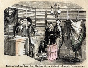 Beschreibung der verschiedenen Verwendungen und Produkte aus Schaf: Ansicht eines Ladens mit Wollstoffen und Stoffen, Laken, Kaschmir. Tafel „Die Schafe“ in „Les Recreations instructives“, Synoptisches Gemälde von Jules Delbruck, Gravur von 1860. Private S von French School