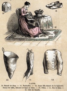 Beschreibung der verschiedenen Verwendungen und Produkte aus Schaf: Wandteppiche und Wollprodukte, Hut, Hausschuhe, Wollstrümpfe, Flanellweste. Tafel „Die Schafe“ in „Les Recreations instructives“, Synoptisches Gemälde von Jules Delbruck, Gravur von 1860.  von French School
