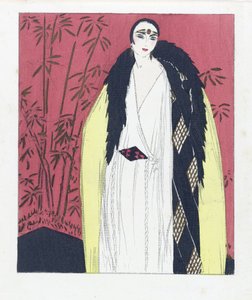 Entwurf für ein Abendkleid mit Pelzbesetztem Umhang, veröffentlicht 1924 von French School