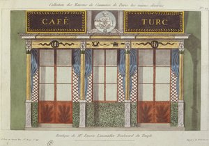 Entwurf für die Fassade des Cafe Turc, aus einer Serie, die die am besten dekorierten Geschäftsgebäude in Paris darstellt, ca. 1810 von French School