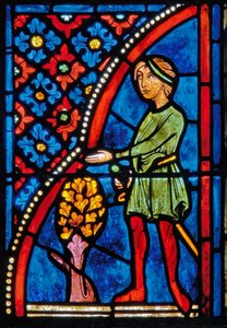 Detail eines Fensters, das Szenen aus dem Leben der Hl. Maria von Ägypten darstellt