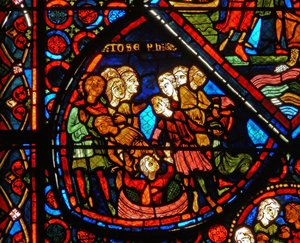 Detail aus einem Fenster mit Szenen aus der Geschichte von Joseph