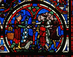 Detail eines Fensters, das die Passion darstellt: Stifter und die Kürschner von French School
