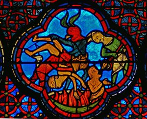 Detail eines Fensters, das das Gleichnis von Lazarus und Dives darstellt: der reiche Mann in der Hölle (Detail)