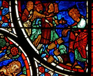 Detail eines Fensters, das das Gleichnis vom barmherzigen Samariter darstellt: Moses wirft die Tafeln nieder (Detail) von French School