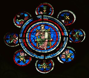 Detail des Nordrosenfensters mit Rhetorik aus den Freien Künsten von French School