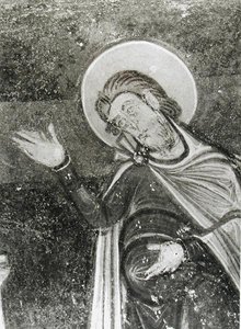 Detail von St. Savin, aus einem Fresko, das St. Savin und St. Cyprien zeigt, wie sie von den Bestien befreit werden, ca. 1100 (Fresko) von French School
