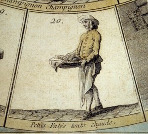 Detail des Gänsespiels der Schreie von Paris: Händler von heißen kleinen Nudeln. Gravur des 18. Jahrhunderts. Sammlung Depart. von French School