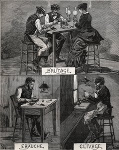 Diamantschleifen, Klang, Roh- und Spaltbearbeitung. Gravur von 1885 in „Les arts et métiers illustrés“ von Adolphe Bitard. von French School