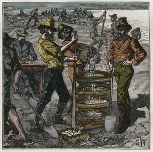 Diamantenwäsche in Südafrika im 19. Jahrhundert. Gravur von 1885 in „Les arts et métiers illustrés“ von Adolphe Bitard. von French School