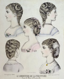 Verschiedene Frisuren, Tafel aus Le Moniteur de la Coiffure, 1880