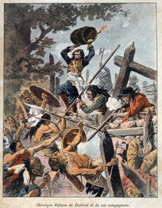 Entdeckung Kanadas: Verteidigung von Adam Dollard des Ormeaux (1635-1660) und seinen Gefährten gegen die Indianer von Irokesen-Amerika zum Schutz ihres Lagers im Jahr 1657. Gravur aus dem späten 19. Jahrhundert in "La nouvelle France" von Eugene Guenin. von French School