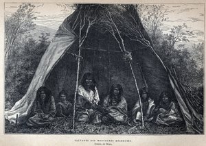 Entdeckung Kanadas: Amerikanische Ureinwohner, die in den Rocky Mountains leben. Gravur aus dem späten 19. Jahrhundert in La Nouvelle France von Eugene Guenin