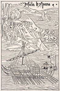 Entdeckung von Santo Domingo, Insula Hyspana, durch Christoph Kolumbus, Faksimile eines Holzschnitts der Epistola Christoferi Colom, aus Wissenschaft und Literatur im Mittelalter von Paul Lacroix, London 1878 von French School